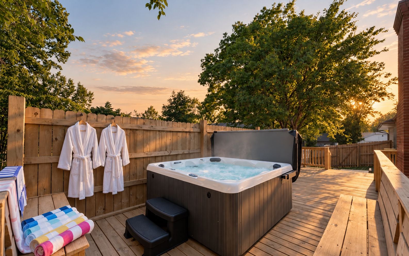A hot tub on a wooden deck with a wooden fence and trees in the background.