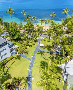 An aerial view of a resort with a central pathway, palm trees, and a beach in the background.