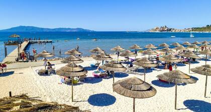 Two-room brick apartment of approximately 35 m2 equipped with air conditioning surrounded by vegetation, composed of a living room with flat-screen television, two single beds and a kitchenette equipped with stove, fridge with freezerA double bedroom, ba