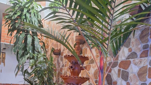 Un mur de pierre surmonté d’une fontaine à plusieurs niveaux, en terre cuite, et entouré d’une végétation tropicale luxuriante.