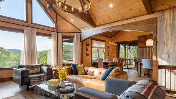 Un salon spacieux avec un grand canapé, des fauteuils et une table basse. De grandes fenêtres offrent une vue sur l’extérieur.