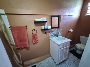 Shower, hair dryer, towels, soap