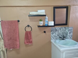 Douche, sèche-cheveux, serviettes fournies, savon