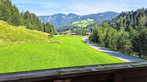 Une vue pittoresque d’une vallée traversée par une route sinueuse, entourée de champs verdoyants et de collines boisées.