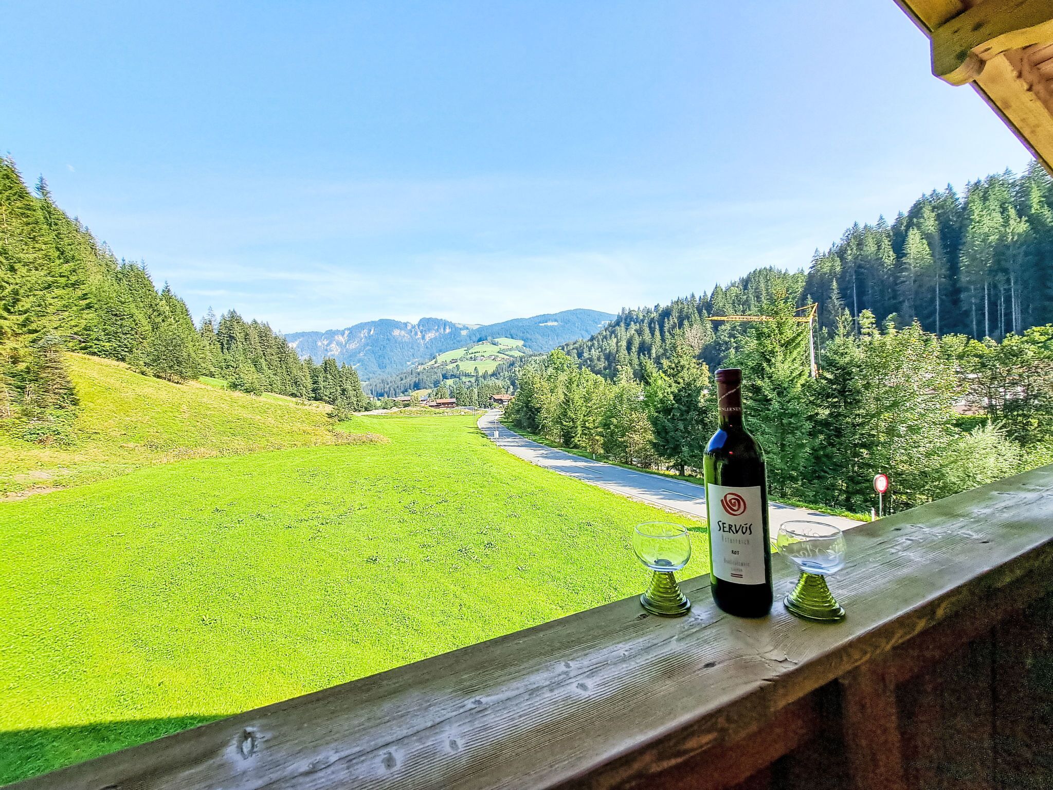 Eine Weinflasche auf einer Holzablage mit Blick auf ein grünes Tal und Berge im Hintergrund.