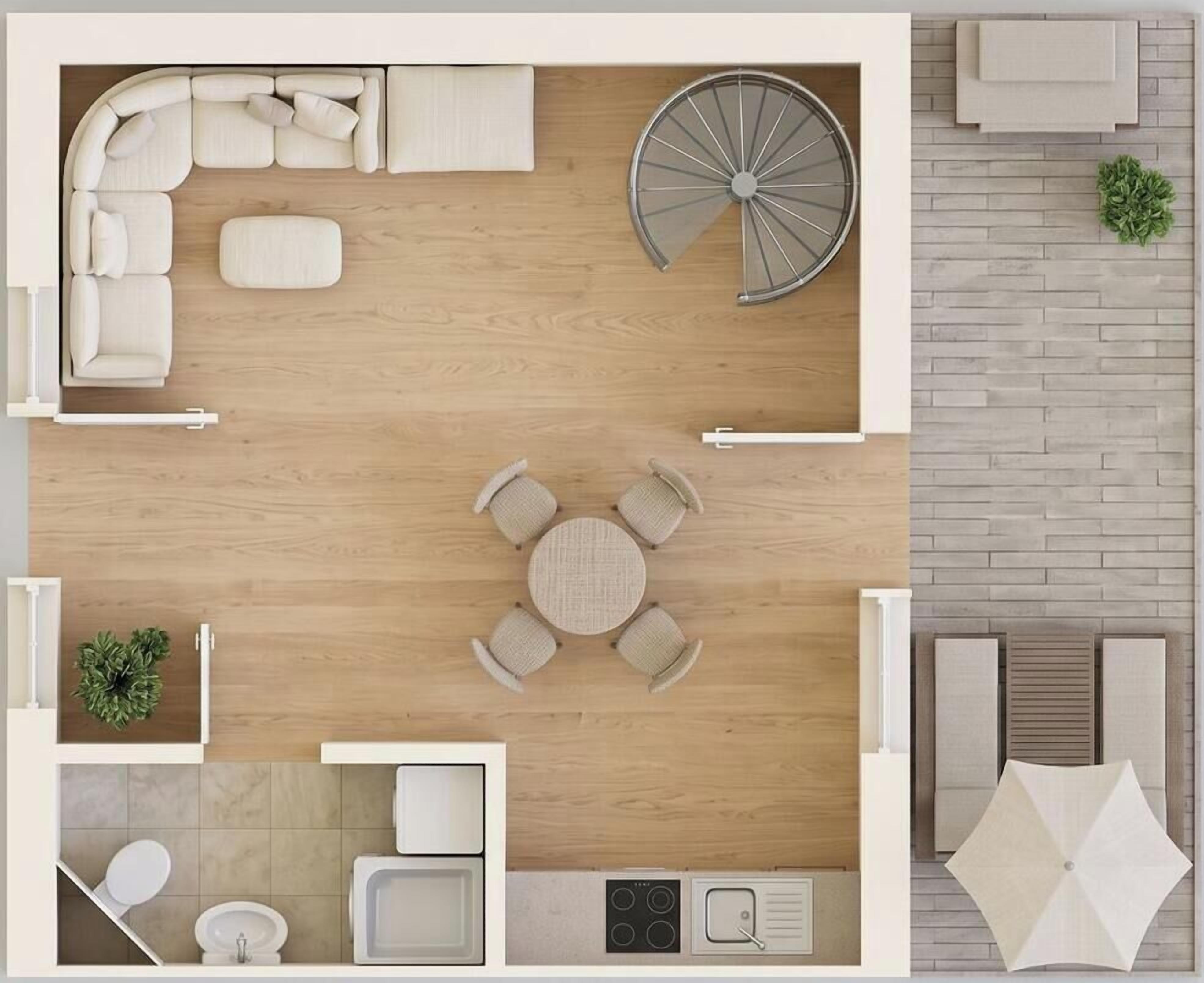Vue d’ensemble d’un salon moderne, avec un ensemble de canapés, une table à manger avec des chaises, un grand fauteuil roulant et un petit coin cuisine équipé d’une cuisinière et d’un évier.