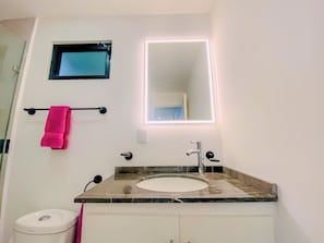 Hair dryer, towels, soap, toilet paper