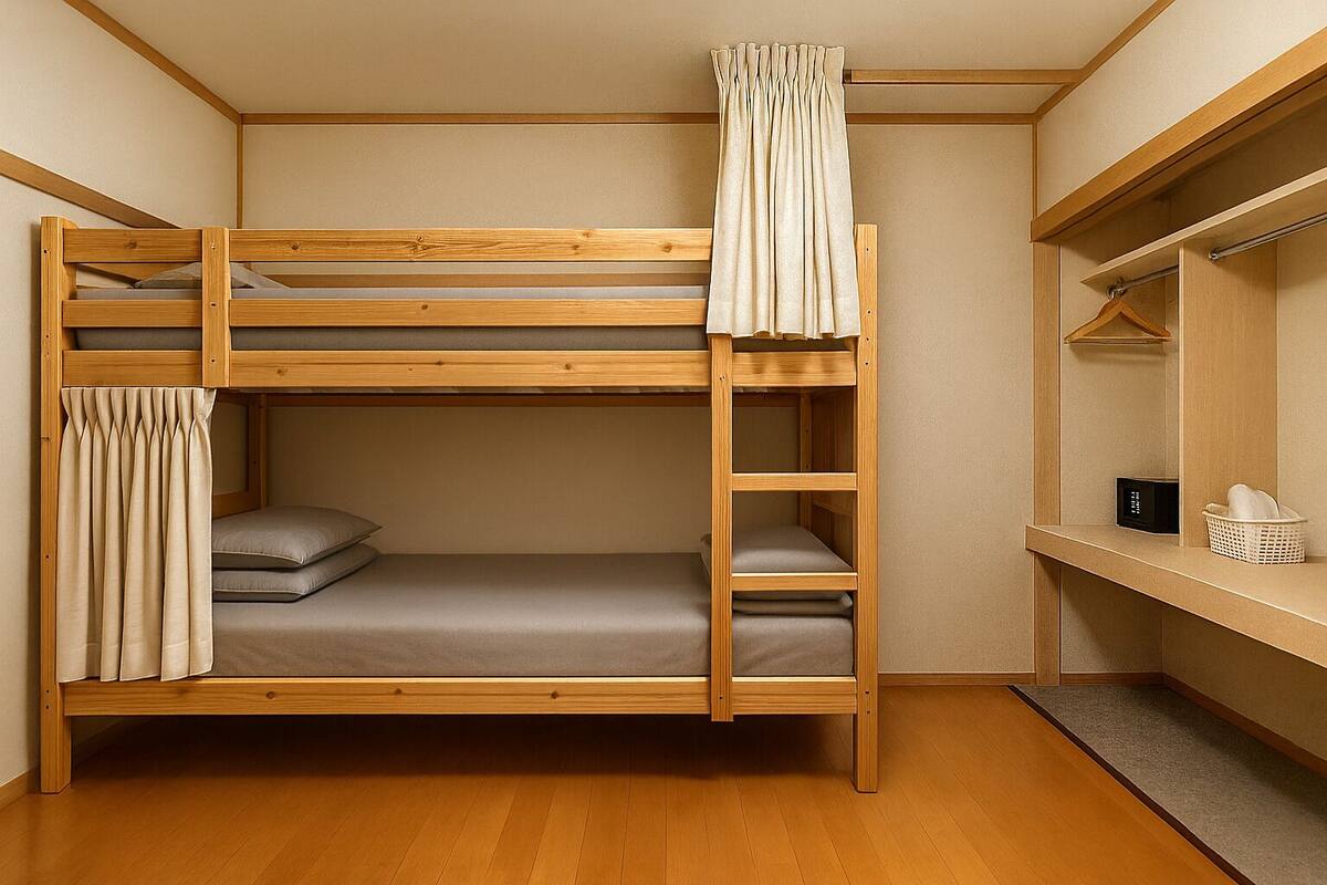 A bunk bed with a wooden frame and a desk with a basket.
