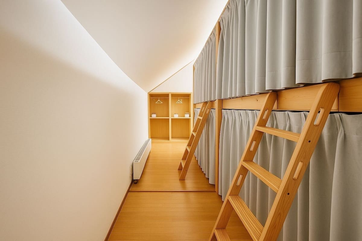 A narrow hallway with wooden flooring and a sloped ceiling, leading to a room with wooden cabinets and a radiator.