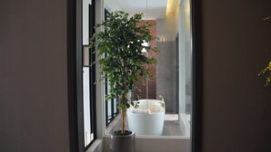 Une salle de bain moderne avec une douche à parois de verre, une baignoire blanche et une plante en pot.