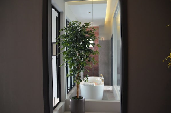 Une salle de bain moderne avec une douche à parois de verre, une baignoire blanche et une plante en pot.