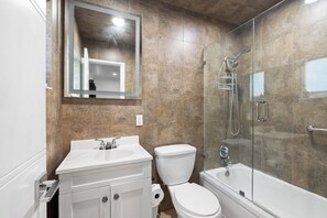 Hair dryer, towels, soap, toilet paper