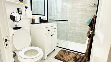Hair dryer, bidet, towels, soap