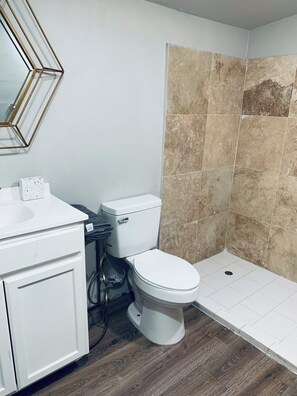 Shower, towels, soap, shampoo