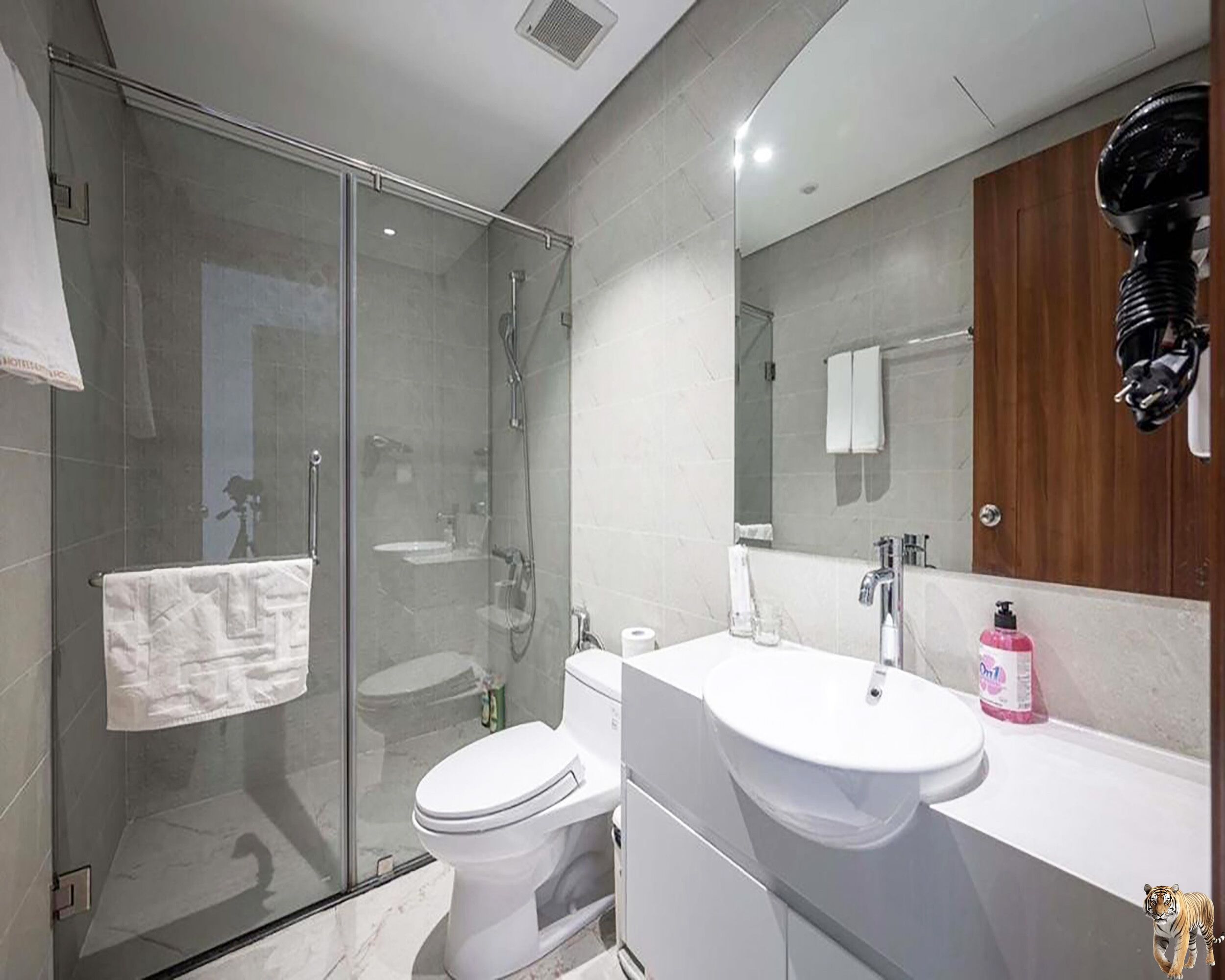 A modern bathroom with a glass-enclosed shower, a white toilet, a sink with a mirror, and a towel rack.