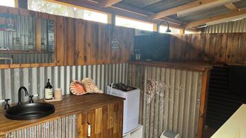 Fridge, stovetop, electric kettle, high chair