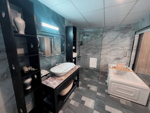 Combined shower/tub, hair dryer, towels, soap