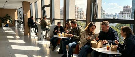 Un espacio interior moderno con amplios ventanales, arreglos de asientos y vistas panorámicas de la ciudad.