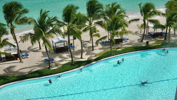 Zona de piscina con agua cristalina, rodeada de palmeras y sillas de playa.