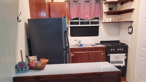 Una cucina compatta con frigorifero, fornello, lavandino e pensili in legno.