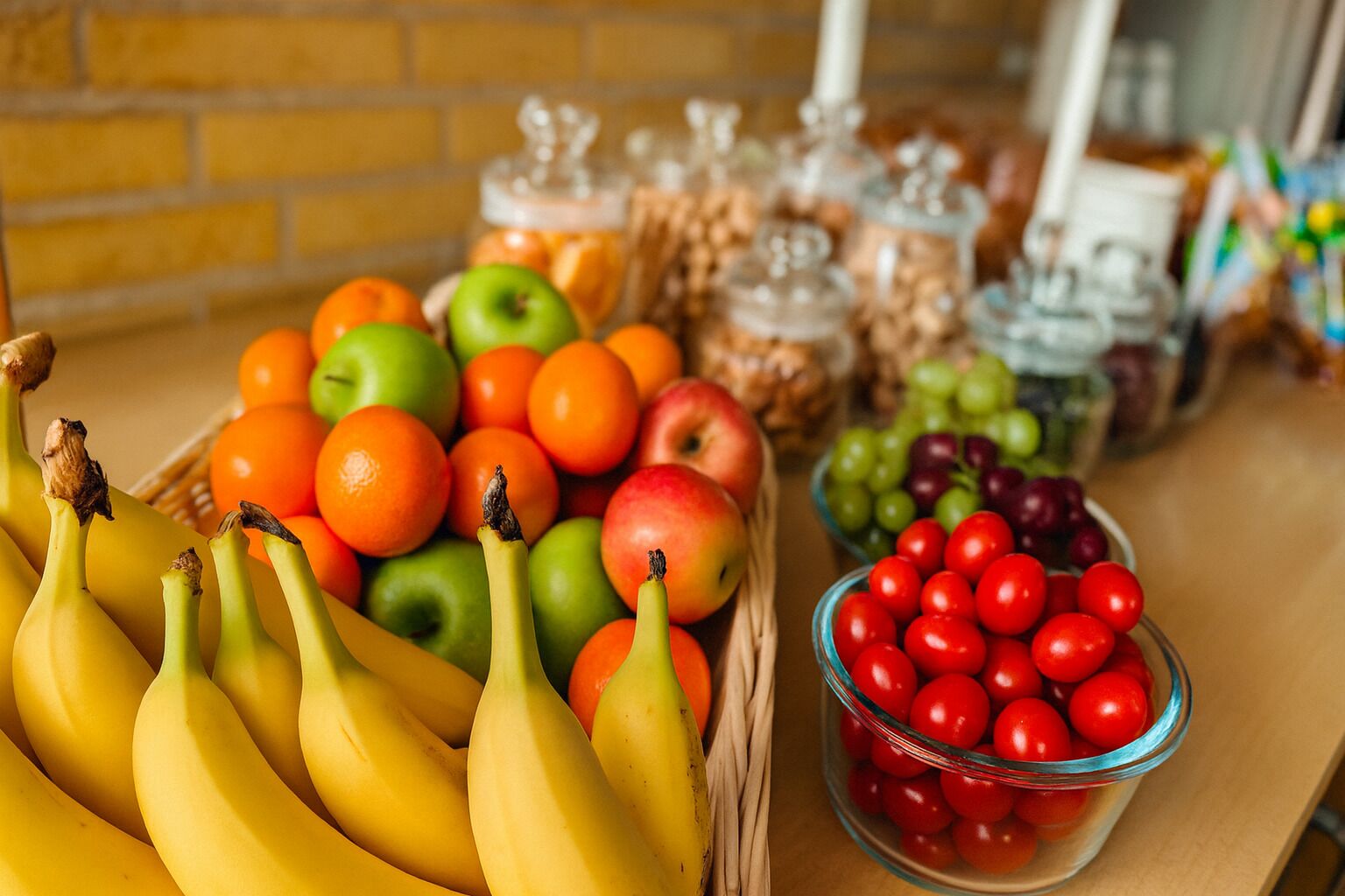 Una variedad de frutas como plátanos, manzanas, naranjas y cerezas expuestas sobre una mesa.