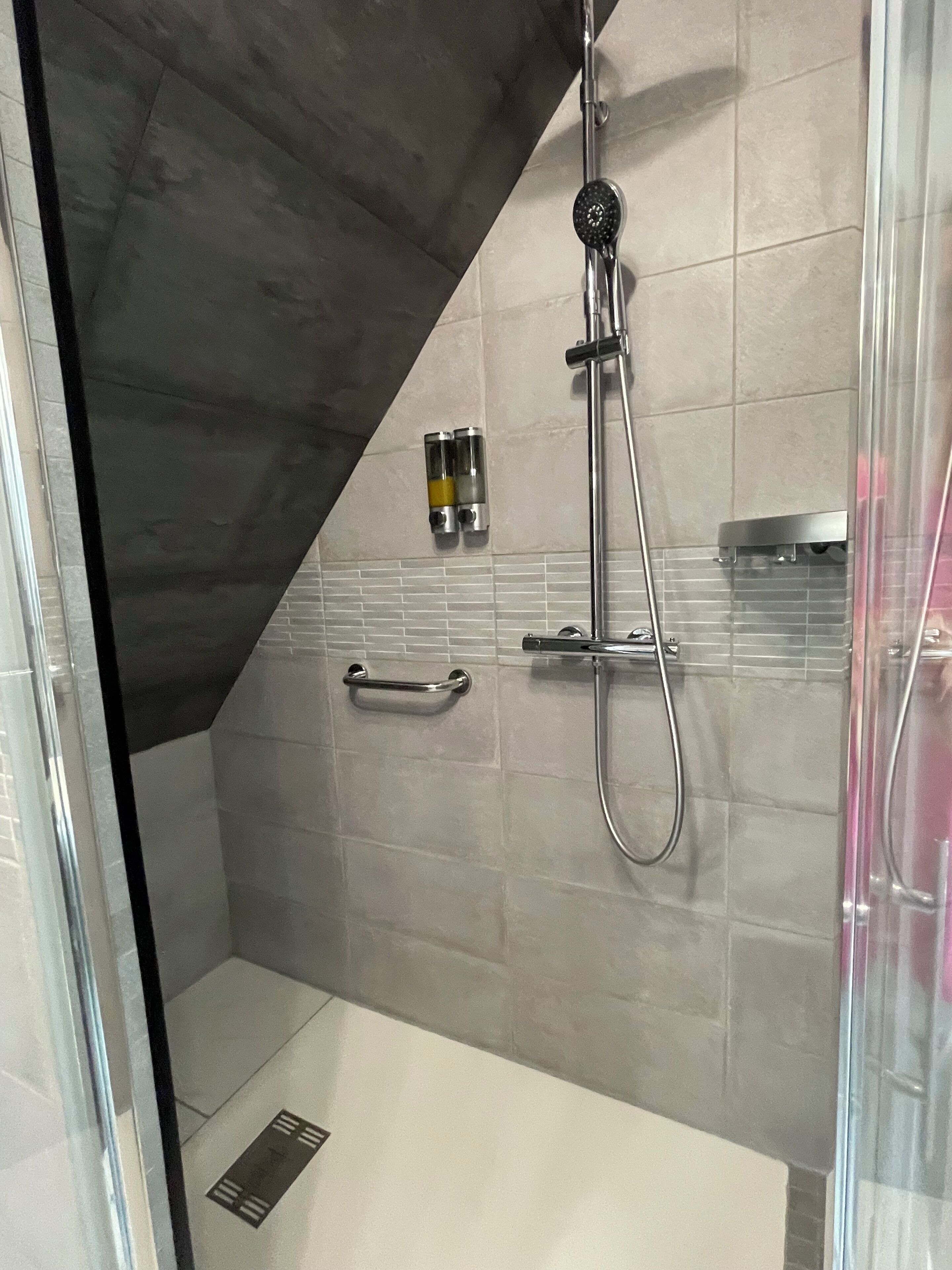 Un espace douche moderne doté d’une porte en verre, d’un pommeau de douche à main et d’un panneau de commande fixé au mur.