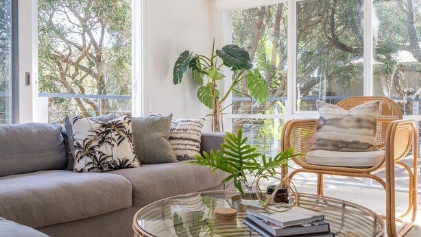Ein modernes Wohnzimmer mit grauem Sofa, einem Korbstuhl, einem Glastisch und großen Fenstern mit Blick auf Bäume.