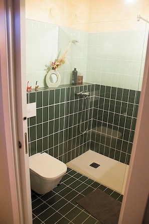 Dusche, Haartrockner, Handtücher, Seife