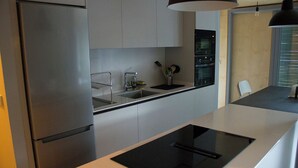 A modern kitchen with stainless steel appliances, a black induction cooktop, and white cabinetry. - Osteiko Etxea. Entire apartment. Sleeps 5. (Orozko)