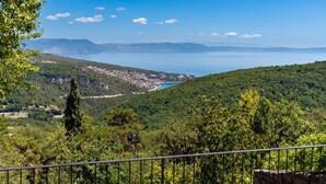 A coastal landscape with a clear view of the sea, a town in the valley below, and a forested hill. -  Casa Giuseppe (Labin)