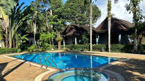 Una piscina con un jacuzzi circular, rodeada de palmeras y un edificio con tejado de baldosas.