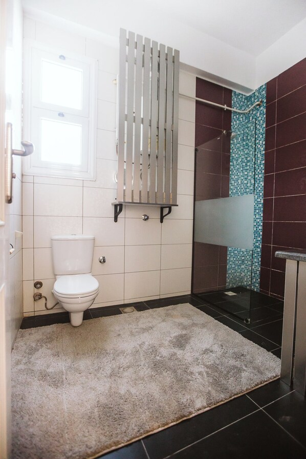Une salle de bain comprenant des toilettes, un espace douche et un sol carrelé.