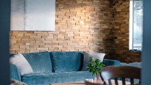 Un salon avec un canapé bleu, un mur en briques apparentes et une fenêtre.