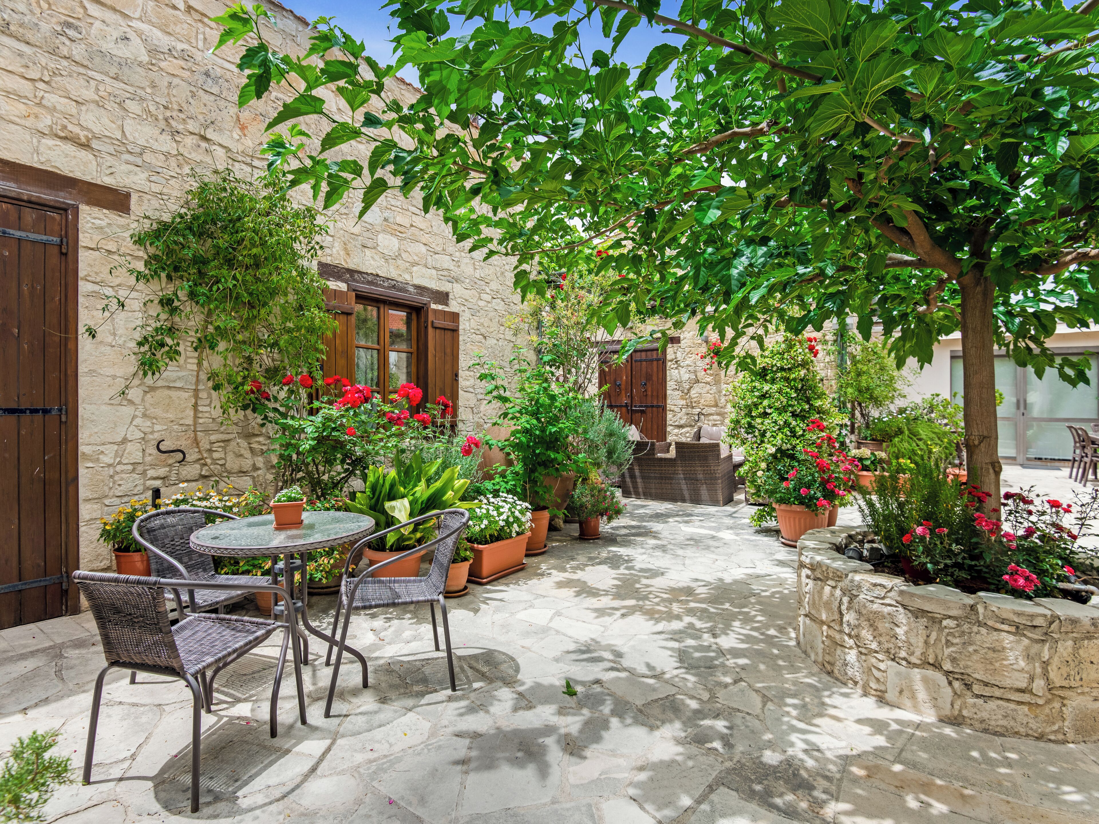Un patio con paredes de piedra, una puerta de madera, plantas en macetas y mobiliario exterior.