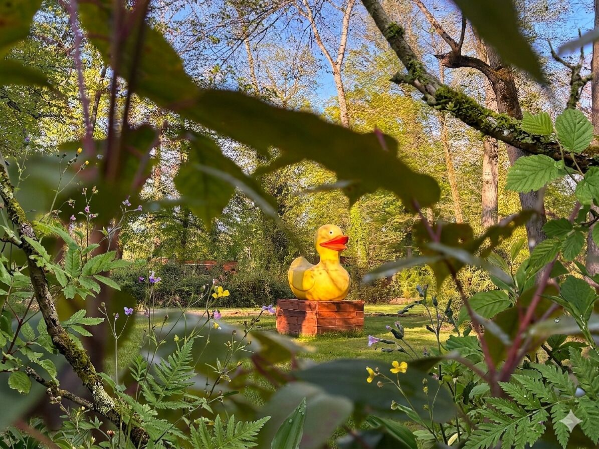 A duck sculpture in a garden with trees and foliage in the background.