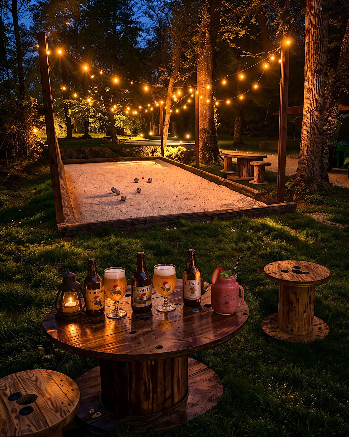 An outdoor setting with a wooden table set for a meal, surrounded by trees and string lights.