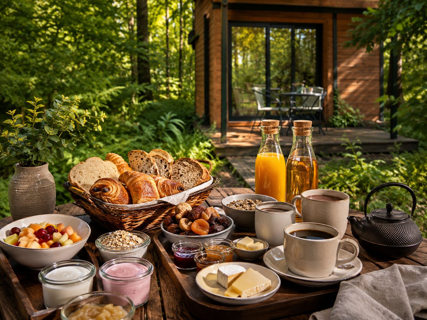 Desayuno con pan, pasteles, frutas y bebidas sobre una mesa de madera en un área boscosa.
