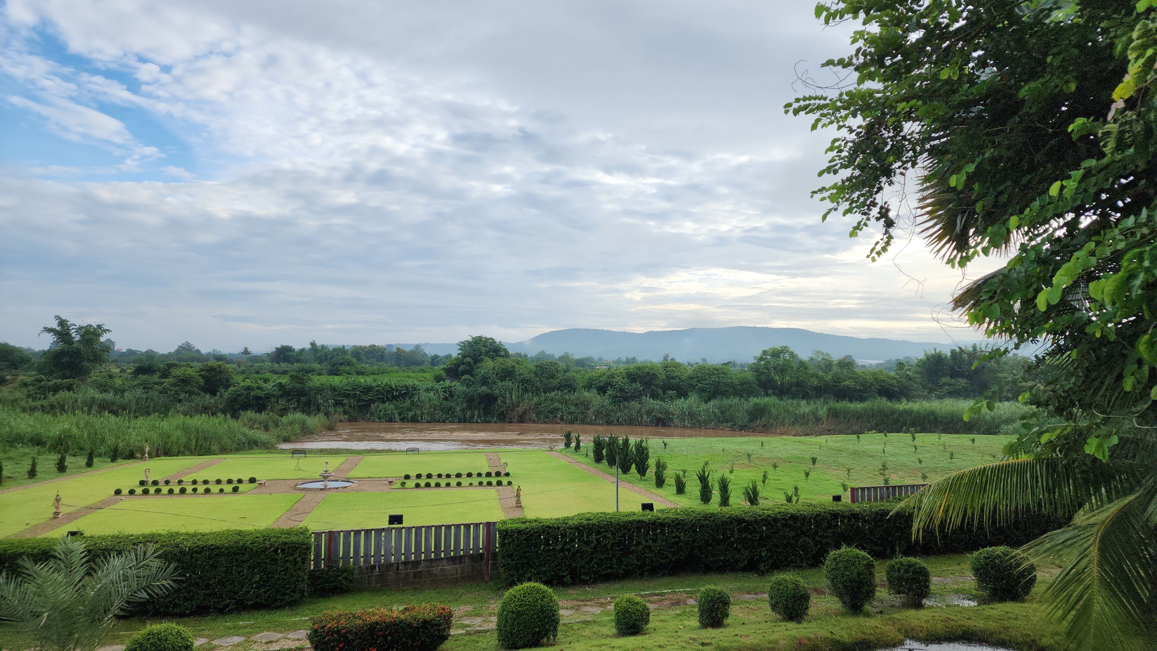 A well-maintained garden with a variety of plants and a central water feature.