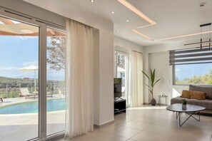 Villa, 3 Schlafzimmer, eigener Pool, Meerblick | Wohnzimmer