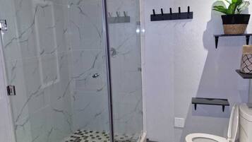 Shower, towels, soap, toilet paper