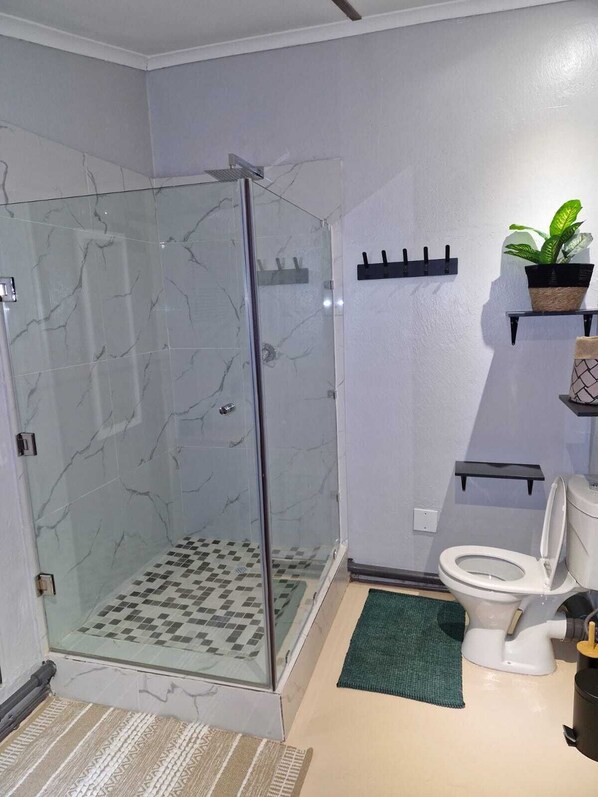 Douche, serviettes fournies, savon, papier toilette