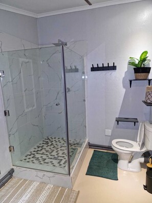 Chuveiro, toalhas de banho, sabonete, papel higiênico