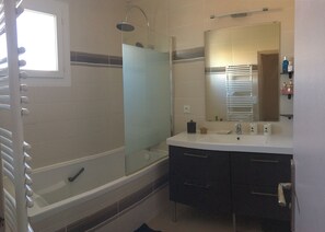 Hair dryer, towels, soap, shampoo