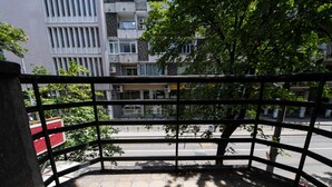 Vista da un balcone con ringhiera metallica, su una strada con edifici e alberi.
