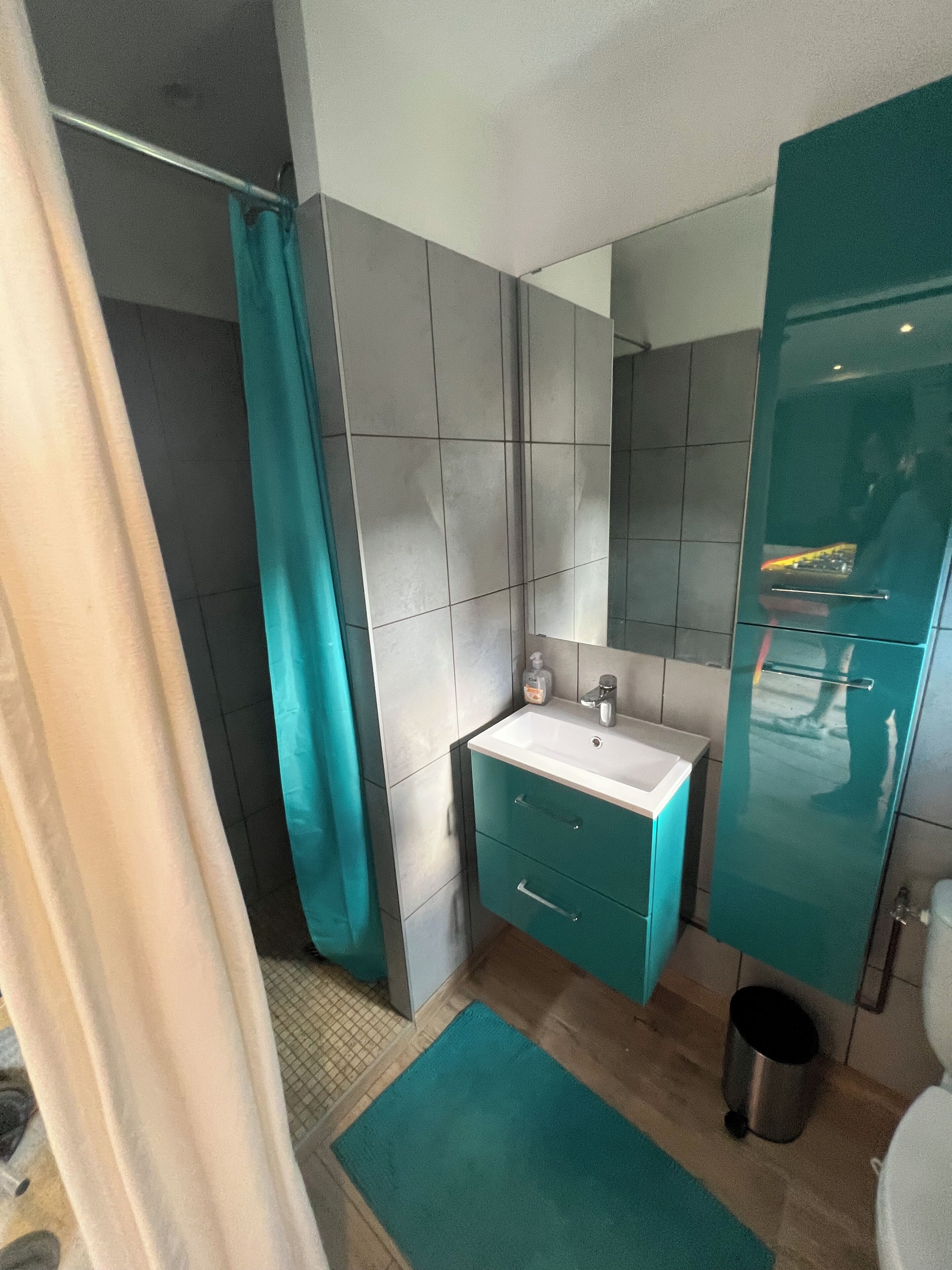 A modern bathroom with a shower, a sink, and a toilet.