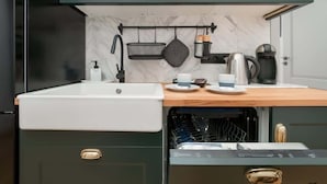 A compact kitchen with a white sink, dark green cabinets, a marble backsplash, and a dishwasher integrated into the cabinetry.