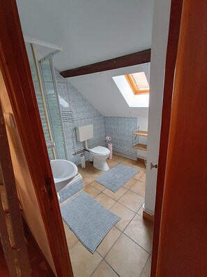 Een moderne badkamer met dakraam, toilet, wastafel en douche.