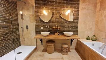 Hair dryer, towels, soap, shampoo