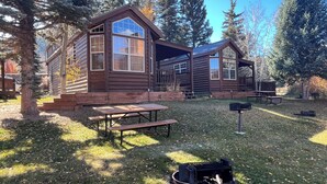 A rustic cabin with a large window, a picnic table, and a grill area. - Modern "Tiny Home" Style Cabin on Taylor River with Private Fishing Access (Almont)