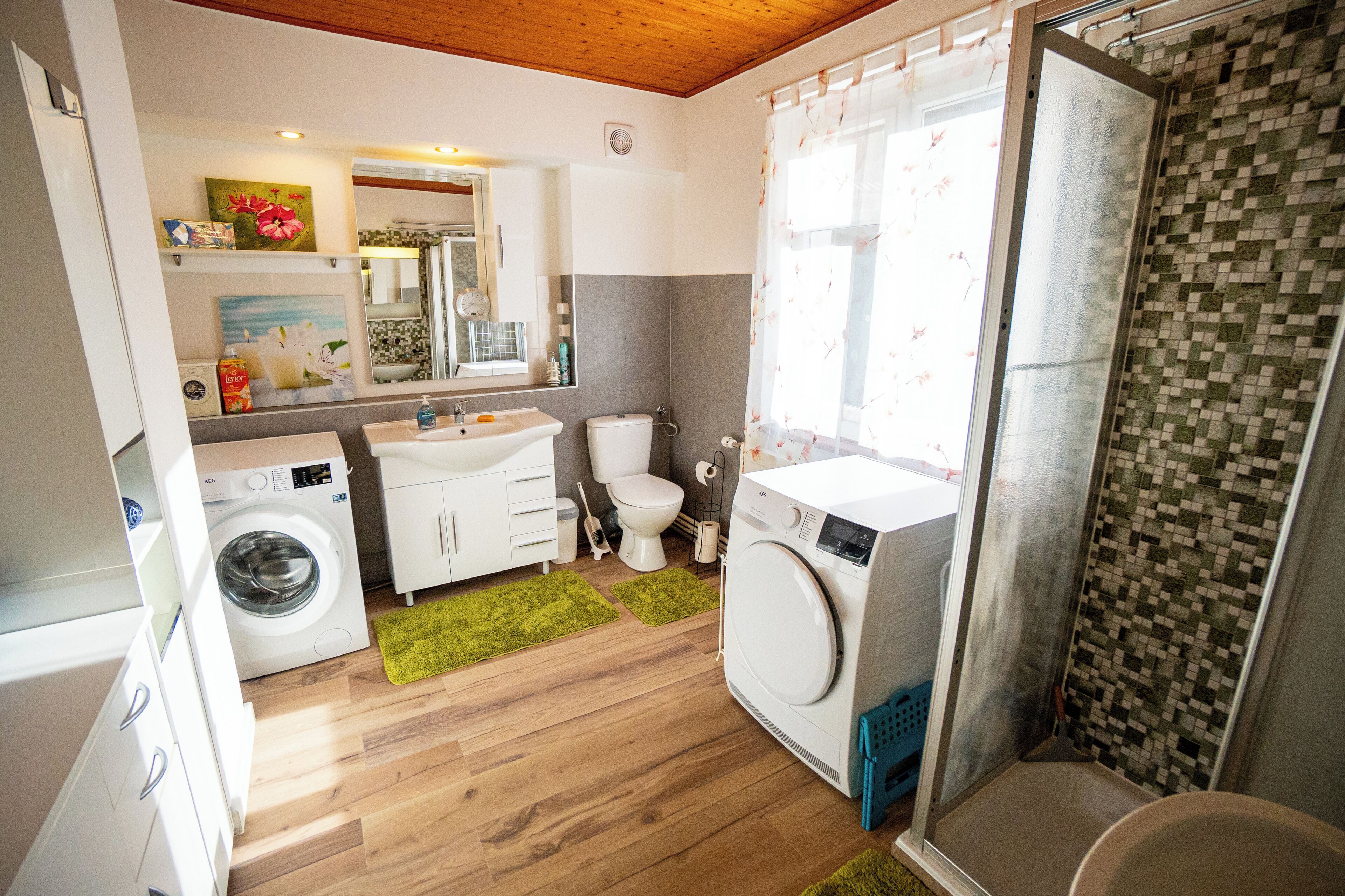 Shower, free toiletries, hair dryer, towels